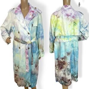 Hand tie dyed linen rayon trench coat belted XXL purple blue